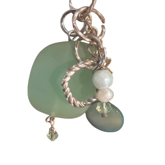 Vintage Green Sea Glass Faux Pearl Dangle Earrings Silver Tone Hook Estate 3" - Picture 2 of 4